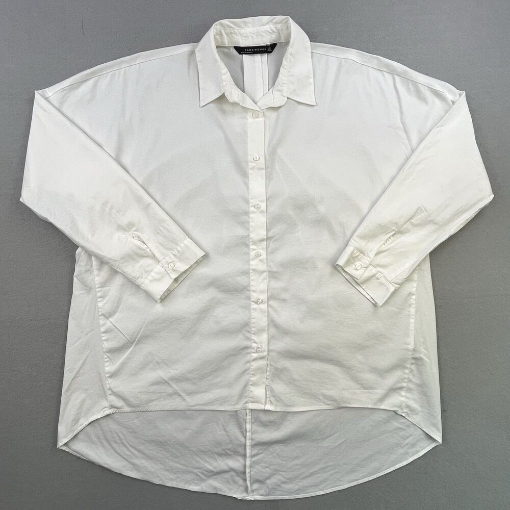 Zara Woman Top Size L White Button Long Sleeve Blouse Casual Office Stretch